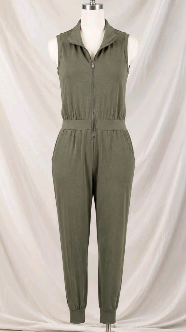 ID Ideology Olive On the Go Jumpsuit Pockets Jogger Large Front Zip Butter Soft